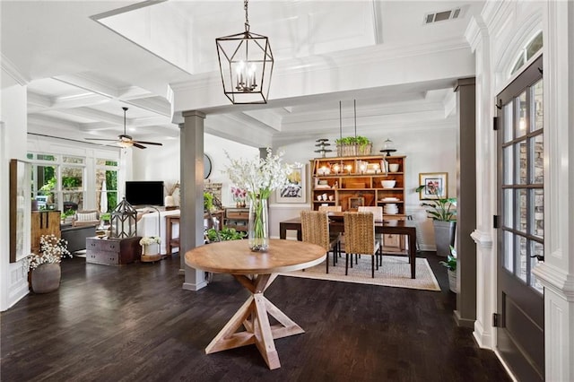 119 Sharp Mountain Crk, Ball Ground, GA 30107 - dining room with coffered ceiling, a chandelier, ceiling fan, dark wood finished floors, and ornamental molding