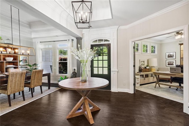 119 Sharp Mountain Crk, Ball Ground, GA 30107 - dining space with a chandelier, dark wood finished floors, an office area, plenty of natural light, and crown molding