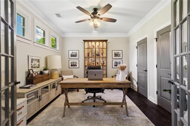 119 Sharp Mountain Crk, Ball Ground, GA 30107 - office space with crown molding, dark wood-type flooring, and ceiling fan