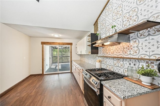 kitchen with open shelves, under cabinet range hood, tasteful backsplash, dark wood-style floors, and gas stove