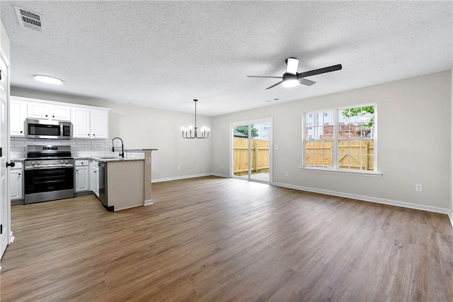 89 Prospect Path, Hiram, GA 30141 - kitchen featuring stainless steel appliances, a sink, a peninsula, a chandelier, and a ceiling fan