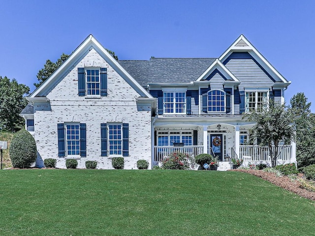 view of front of property with a porch and a front lawn