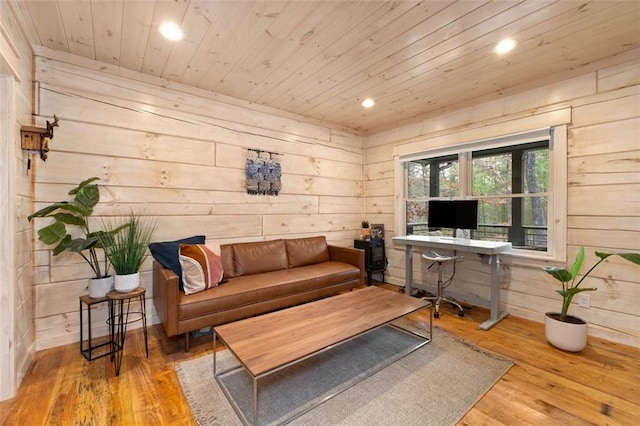 living room featuring recessed lighting, wooden ceiling, wood walls, and hardwood / wood-style flooring