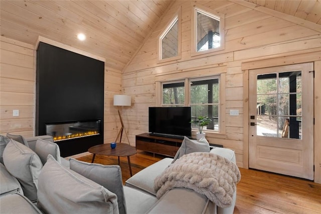 living room featuring wood finished floors, wood ceiling, and wood walls