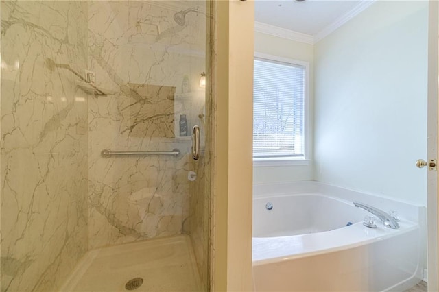 45 Somerset Ct, Covington, GA 30016 - full bath with a bath, ornamental molding, and a marble finish shower