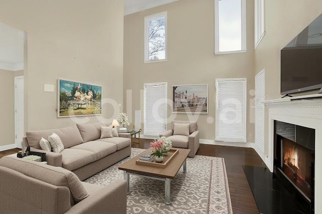 living room with crown molding, dark wood-type flooring, and a high ceiling