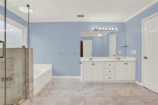 bathroom featuring vanity, independent shower and bath, and ornamental molding