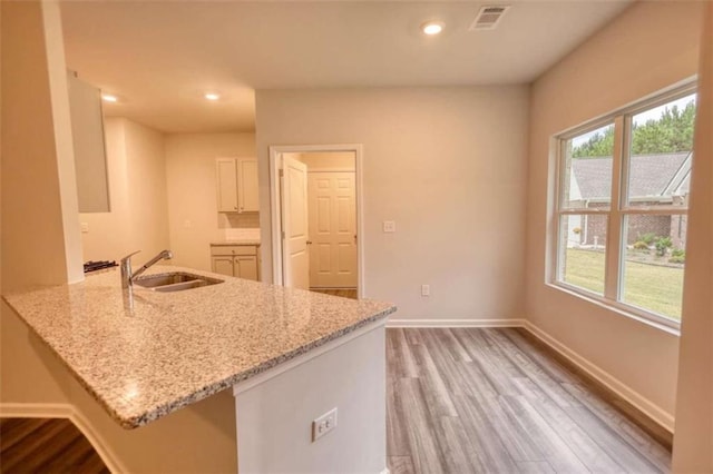 960 Park Place St, Social Circle, GA 30025 - kitchen featuring a sink, wood finished floors, light stone counters, white cabinets, and a peninsula