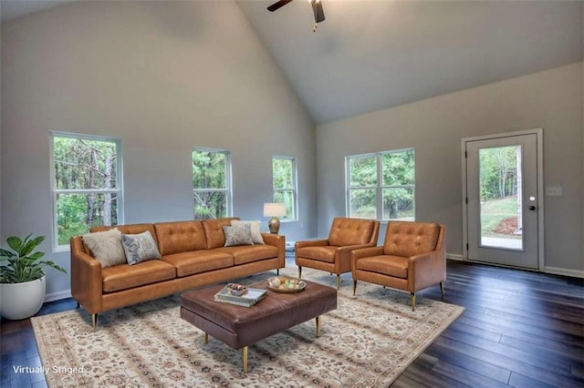 960 Park Place St, Social Circle, GA 30025 - living area with ceiling fan, high vaulted ceiling, dark wood-style flooring, and baseboards