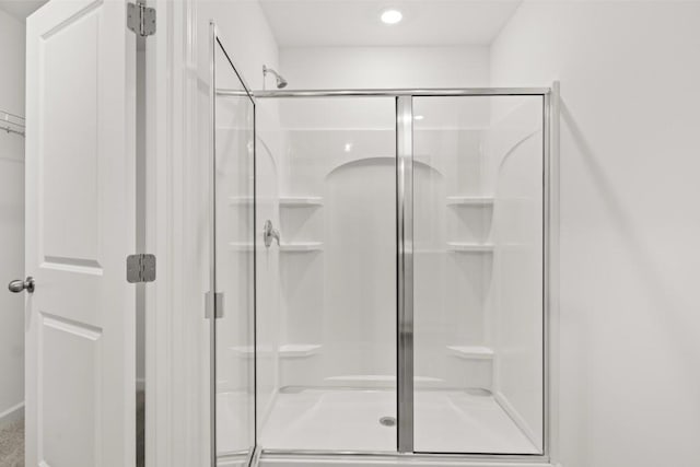 bathroom featuring a shower with door