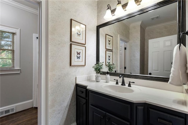 10135 High Falls Pointe Pointe, Johns Creek, GA 30022 - bathroom featuring vanity, crown molding, wood finished floors, and baseboards