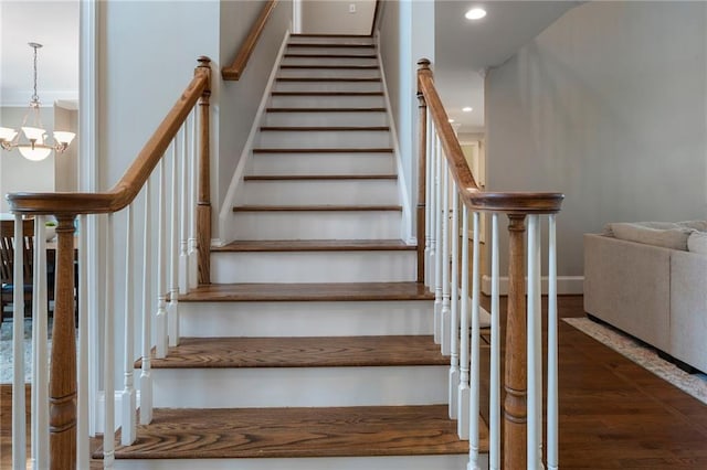 10135 High Falls Pointe Pointe, Johns Creek, GA 30022 - stairs with wood finished floors, a chandelier, and recessed lighting
