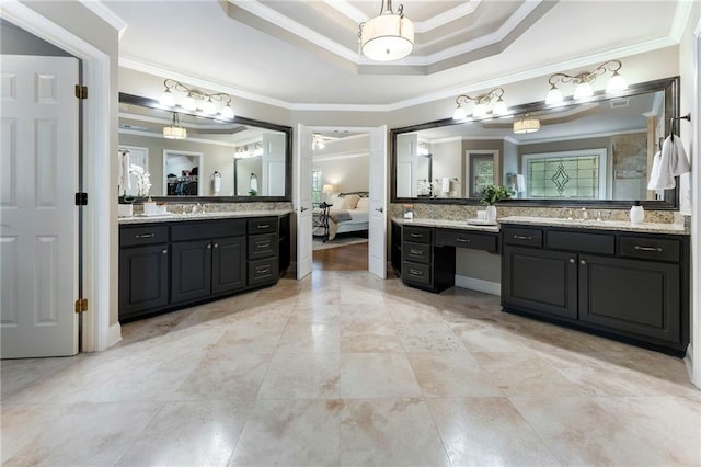 10135 High Falls Pointe Pointe, Johns Creek, GA 30022 - bathroom featuring ensuite bath, crown molding, two vanities, plenty of natural light, and a tray ceiling