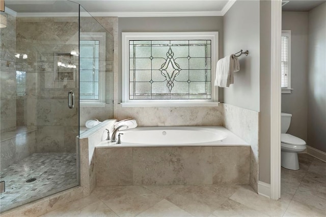 10135 High Falls Pointe Pointe, Johns Creek, GA 30022 - full bath with toilet, a bath, a stall shower, healthy amount of natural light, and ornamental molding