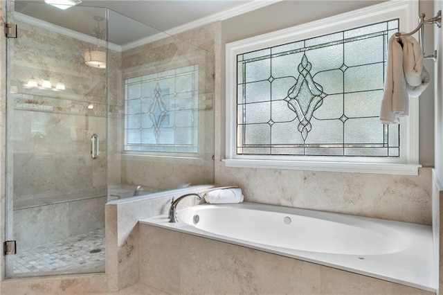 10135 High Falls Pointe Pointe, Johns Creek, GA 30022 - bathroom featuring a garden tub, a shower stall, ornamental molding, and healthy amount of natural light
