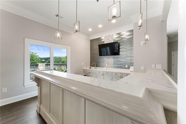 10135 High Falls Pointe Pointe, Johns Creek, GA 30022 - bar area with crown molding, dark wood finished floors, baseboards, recessed lighting, and pendant lighting