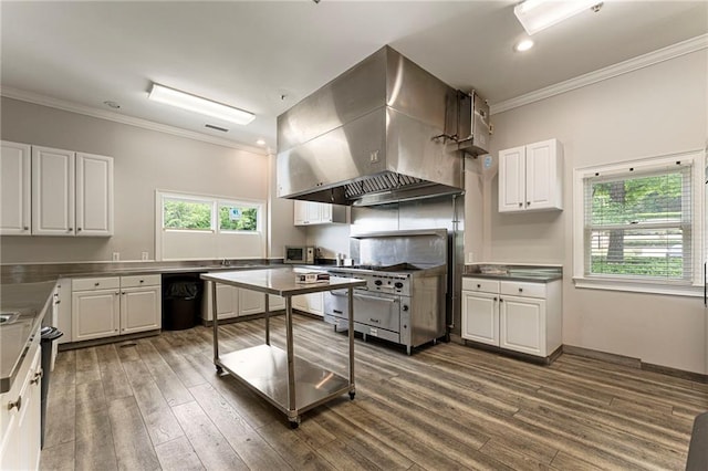 10135 High Falls Pointe Pointe, Johns Creek, GA 30022 - kitchen featuring white cabinets, ornamental molding, dark wood-style flooring, wall chimney range hood, and recessed lighting