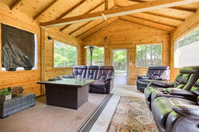 living area with wood walls and wood ceiling