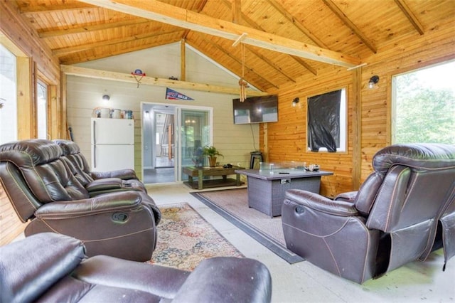 living room featuring wood ceiling, healthy amount of natural light, and wooden walls
