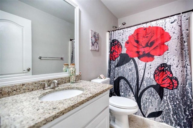 full bathroom with vanity, toilet, and a shower with shower curtain