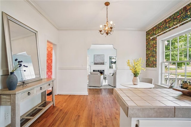 615 Sycamore Dr, Decatur, GA 30030 - dining room with crown molding, plenty of natural light, a chandelier, a lit fireplace, and light wood finished floors