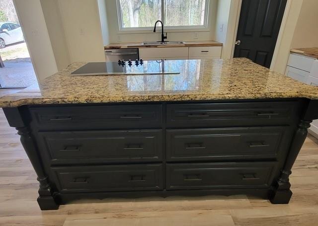 kitchen with light stone counters, stainless steel dishwasher, a sink, dark cabinets, and light wood-type flooring