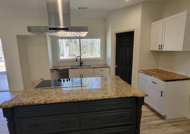 kitchen with dark cabinets, a sink, visible vents, white cabinetry, and island exhaust hood