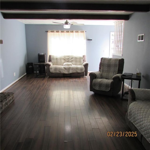 living room with dark wood finished floors, beamed ceiling, a ceiling fan, and visible vents