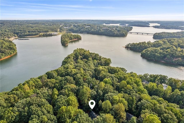 drone / aerial view featuring a water view and a wooded view