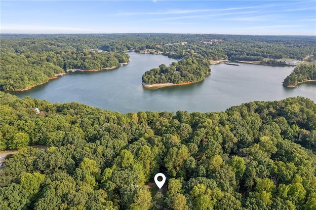 aerial view featuring a water view and a wooded view