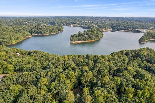 birds eye view of property with a water view and a wooded view