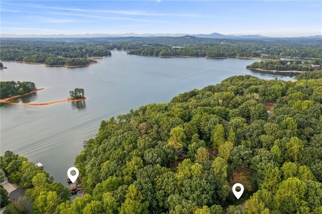 birds eye view of property featuring a wooded view and a water and mountain view