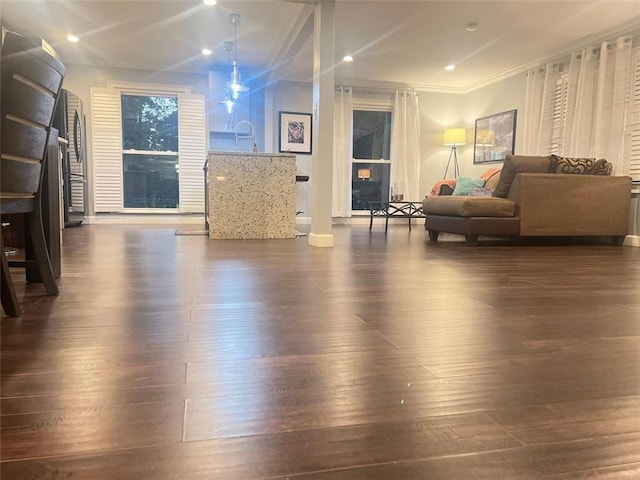 3629 Embry Cir, Atlanta, GA 30341 - workout room with dark wood-style flooring, crown molding, and recessed lighting