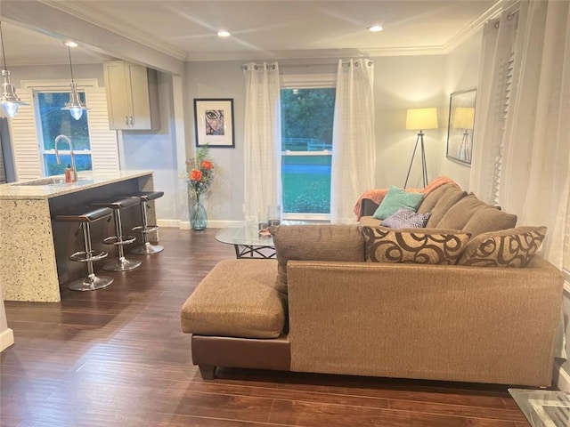 3629 Embry Cir, Atlanta, GA 30341 - living area with dark wood finished floors, baseboards, crown molding, and recessed lighting