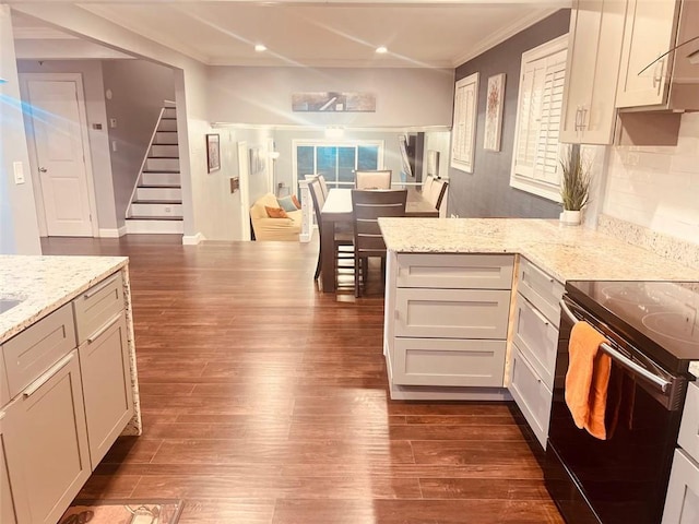 3629 Embry Cir, Atlanta, GA 30341 - kitchen with recessed lighting, dark wood-style floors, light stone counters, ornamental molding, and black range with electric stovetop