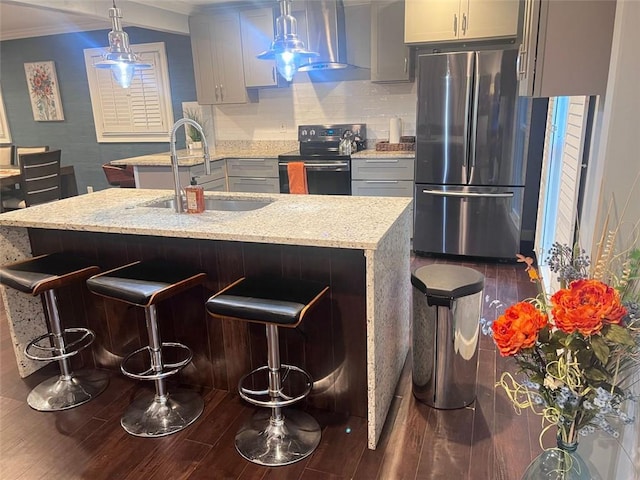 3629 Embry Cir, Atlanta, GA 30341 - kitchen with wall chimney range hood, ornamental molding, a sink, freestanding refrigerator, and black range with electric cooktop