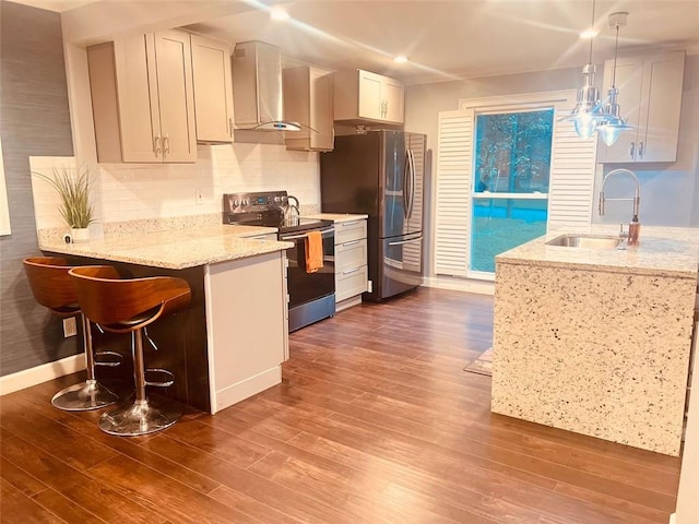 3629 Embry Cir, Atlanta, GA 30341 - kitchen featuring wall chimney exhaust hood, dark wood-style floors, stainless steel appliances, and a sink