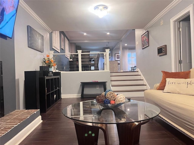 3629 Embry Cir, Atlanta, GA 30341 - living area with crown molding, stairs, dark wood-type flooring, and recessed lighting
