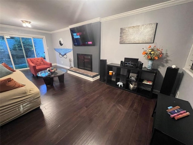 3629 Embry Cir, Atlanta, GA 30341 - living area with a glass covered fireplace, wood finished floors, baseboards, and ornamental molding