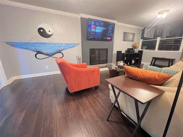 3629 Embry Cir, Atlanta, GA 30341 - living room with baseboards, ornamental molding, a glass covered fireplace, and wood finished floors