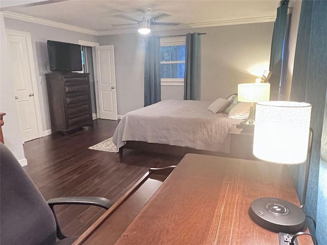 3629 Embry Cir, Atlanta, GA 30341 - bedroom featuring baseboards, wood finished floors, ornamental molding, and ceiling fan