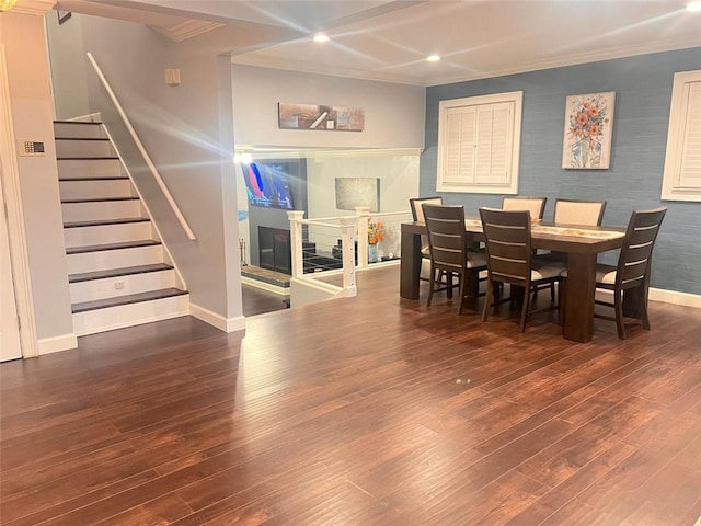 3629 Embry Cir, Atlanta, GA 30341 - dining room featuring baseboards, recessed lighting, stairway, crown molding, and hardwood / wood-style floors