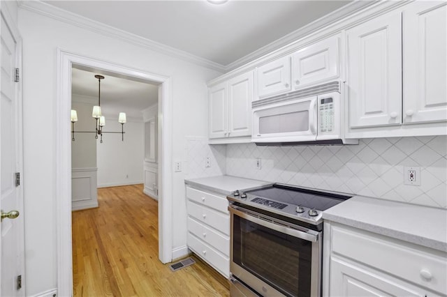 kitchen featuring white cabinetry, ornamental molding, backsplash, and stainless steel electric stove