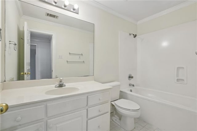 full bathroom featuring shower / bathtub combination, vanity, crown molding, tile patterned flooring, and toilet