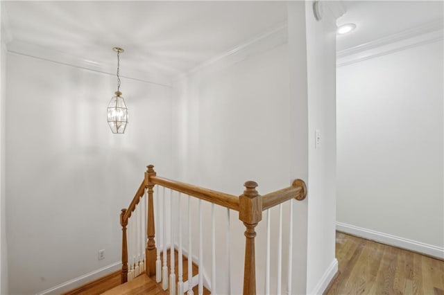 stairway with hardwood / wood-style flooring, a chandelier, and ornamental molding