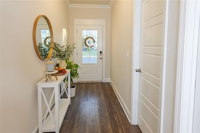 entryway featuring ornamental molding and dark wood-type flooring