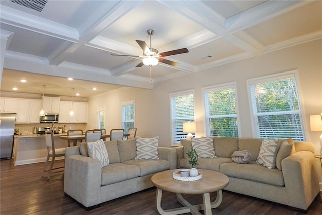 living room featuring beam ceiling, ceiling fan, and dark hardwood / wood-style floors