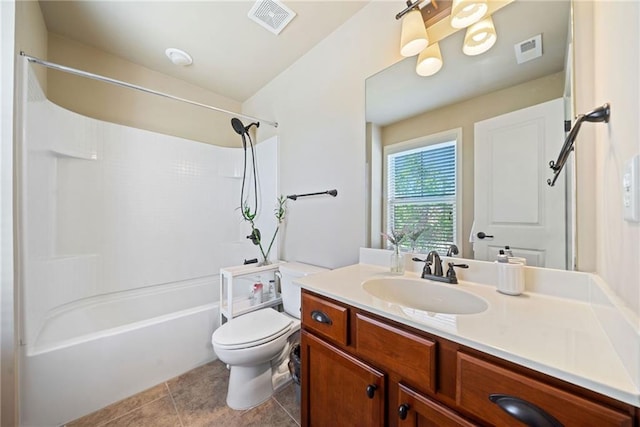 bathroom featuring vanity, visible vents, toilet, and tub / shower combination