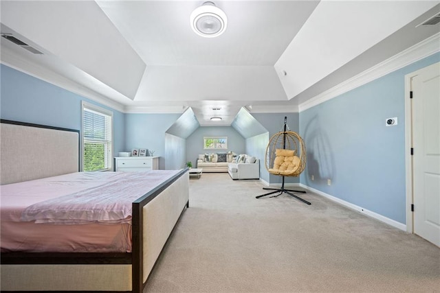 carpeted bedroom with a raised ceiling, baseboards, ornamental molding, and visible vents