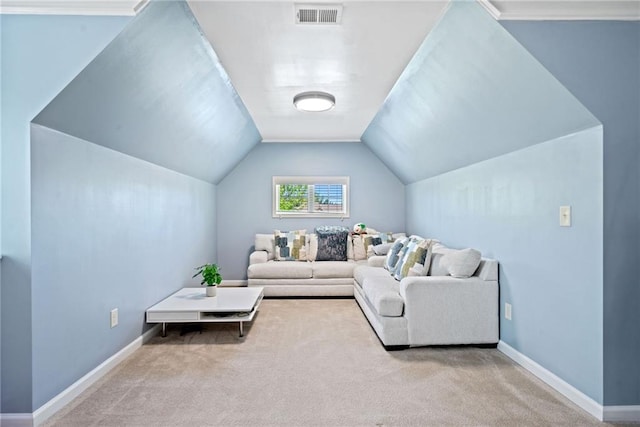 carpeted living area with baseboards, vaulted ceiling, and visible vents